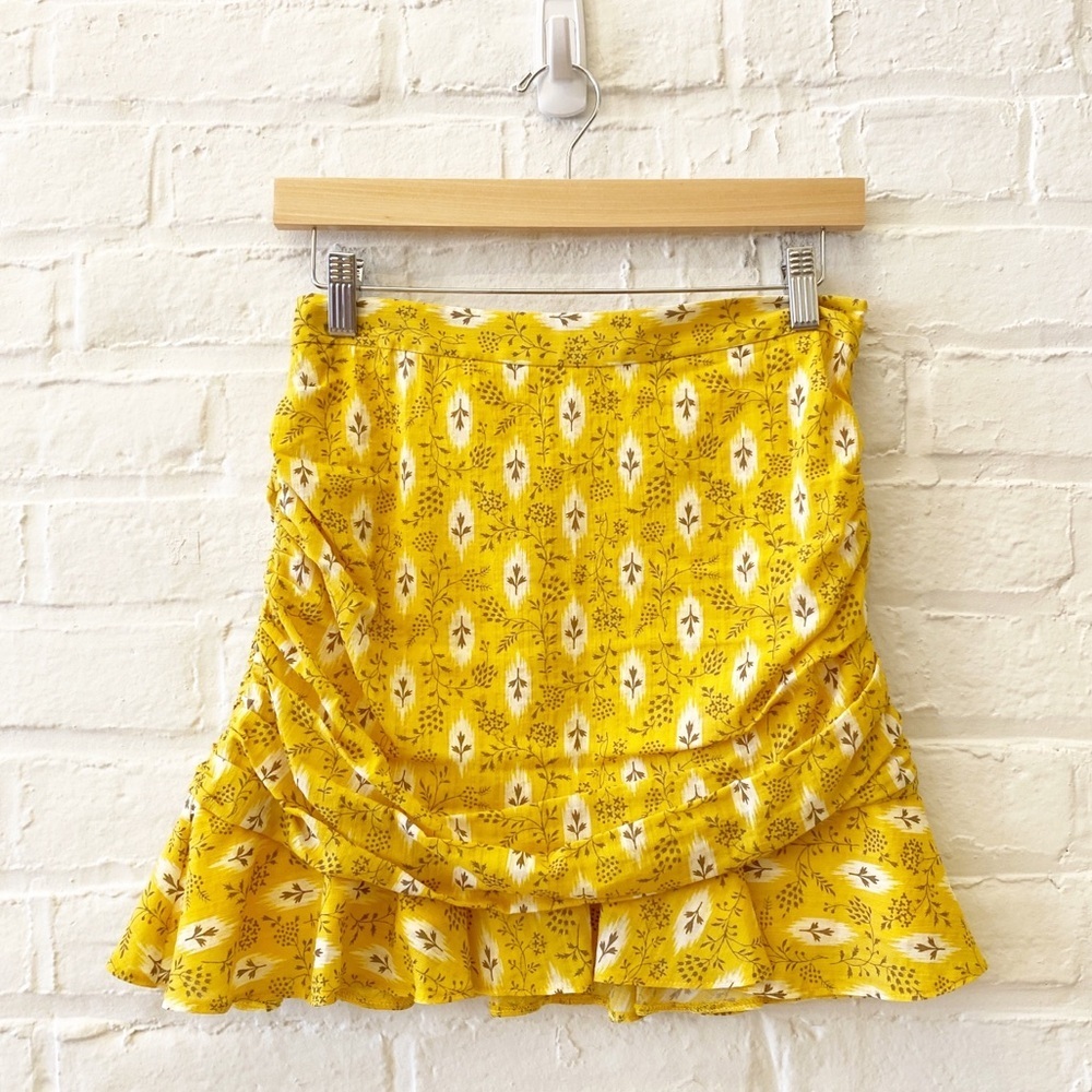 Veronica Beard || Taras Ruched Mini Skirt Botanical Ikat Ruffle Yellow 6